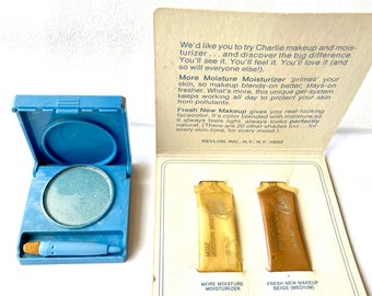 1970 Charlie Samples Vintage Makeup Pale Blue Frosted Powder Eyeshadow Compact & Med Moisturizer Foundation Cream Cosmetics Unused RARE Gift