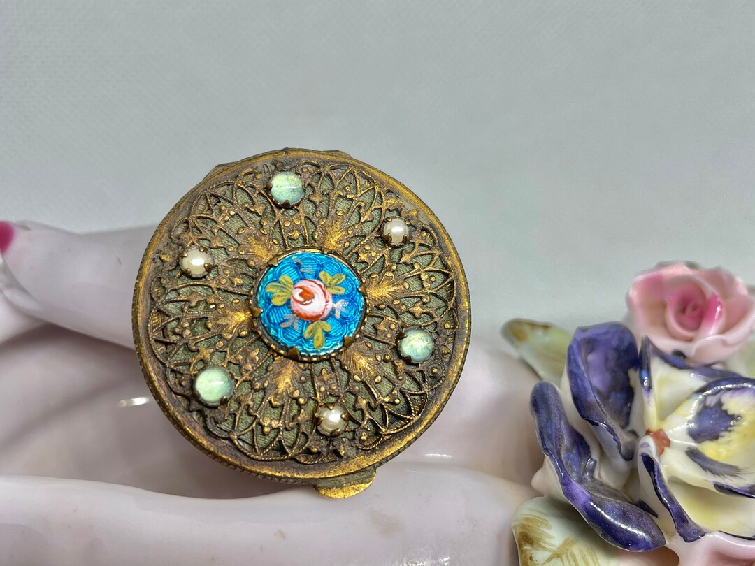 Antique French Powder Compact With Blue Glass Bead, Faux Pearls and ...