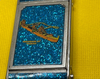 Girey Hawaii Compact 1930 Vintage Makeup Rouge Powder Puff Ocean Blue Glitter Confetti Purse Vanity Collectible