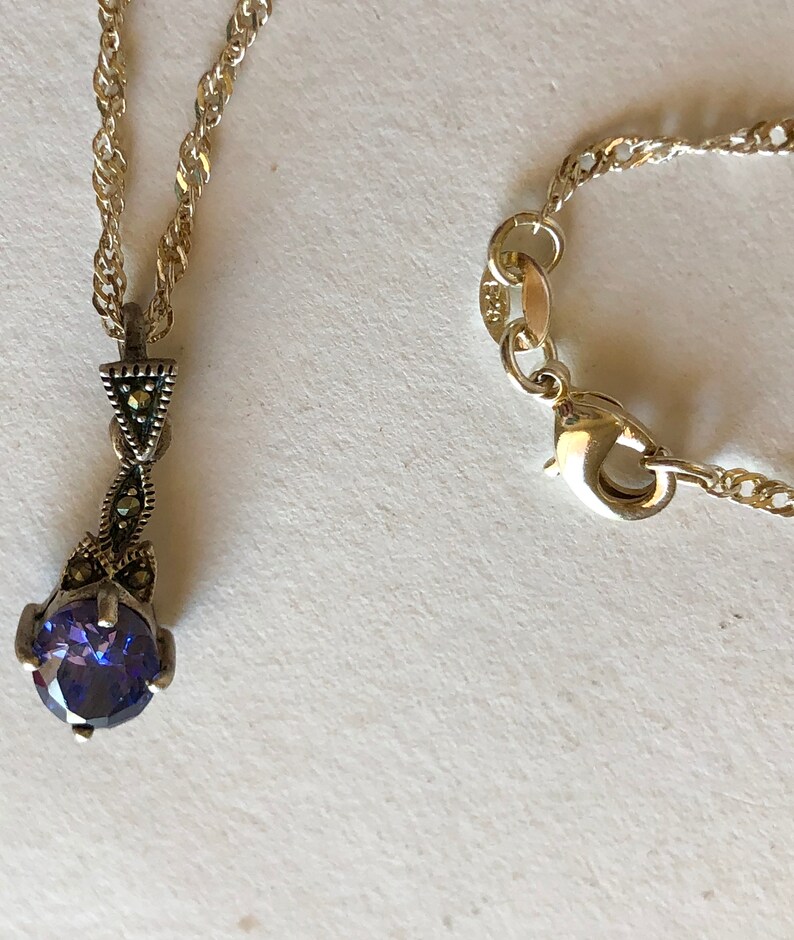 Tanzanite Marcasites Pendant Sterling Silver 925 Chain Beautiful Purple Blue Tones Necklace Vintage
