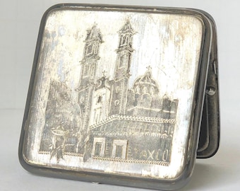 Compacto Taxco de plata esterlina: Escena mexicana cincelada a mano, elaborado por platero.