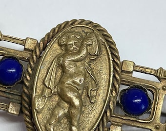 Antique Cherub Putti Watch Brooch Pin Made in England Bronze Faux lapis Vintage Collectible Gift for her Him Angel