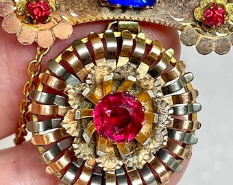 Unusual Antique Pretty Brooch C-Clasp with Prong set Glass Paste Ruby Sapphire Stones Complex Construction Safety Chain