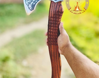 Handmade Carbon Steel Dragon Engraved Viking Axe | Viking Axe | Dragon Axe | Multiple Purpose Axe | Axe With Sheath | Best Christmas Gift