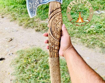 Handmade Carbon Steel Engraved Head Viking Axe With Leather Sheath | Real Viking Axe | Engraved Axe | Best Axe | All Purpose Axe With Sheath