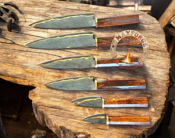 Handmade Copper Cenimai Rain Drop Stainless Steel Damascus Chef Knives Set With Leather |Damascus Steel Chef Knives Set | Gift For Wife |