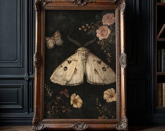 Stampa di un dipinto di falena notturna, decorazione gotica e malinconica, insetto in stile dark academia, stampa artistica fisica.