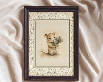 Vintage Mouse Holding Flowers Art Print, Cottagecore Nursery Decor, Physical Print