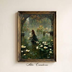 The Lost Lake Witch Painting, oil painting depicting a figure with long dark hair wearing a dark green garment, standing in a pond filled with white water lilies and lush green foliage, framed by a dark arched structure with visible brushstrokes.