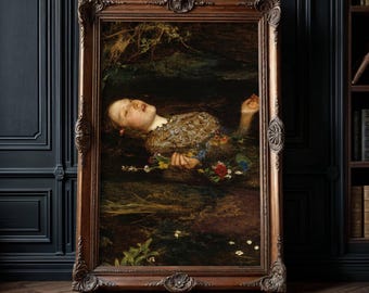 Stampa artistica del dipinto di Ofelia, stile Dark Academia e vintage, decorazione murale suggestiva.