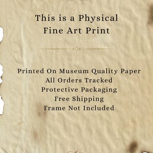 Pu&ograve; includere: Una stampa d'arte su carta ruvida dall'aspetto invecchiato con una piccola illustrazione di una volpe in alto. Il testo recita: This is a Physical Fine Art Print, Printed On Museum Quality Paper, All Orders Tracked, Protective Packaging, Frame Not Included.
