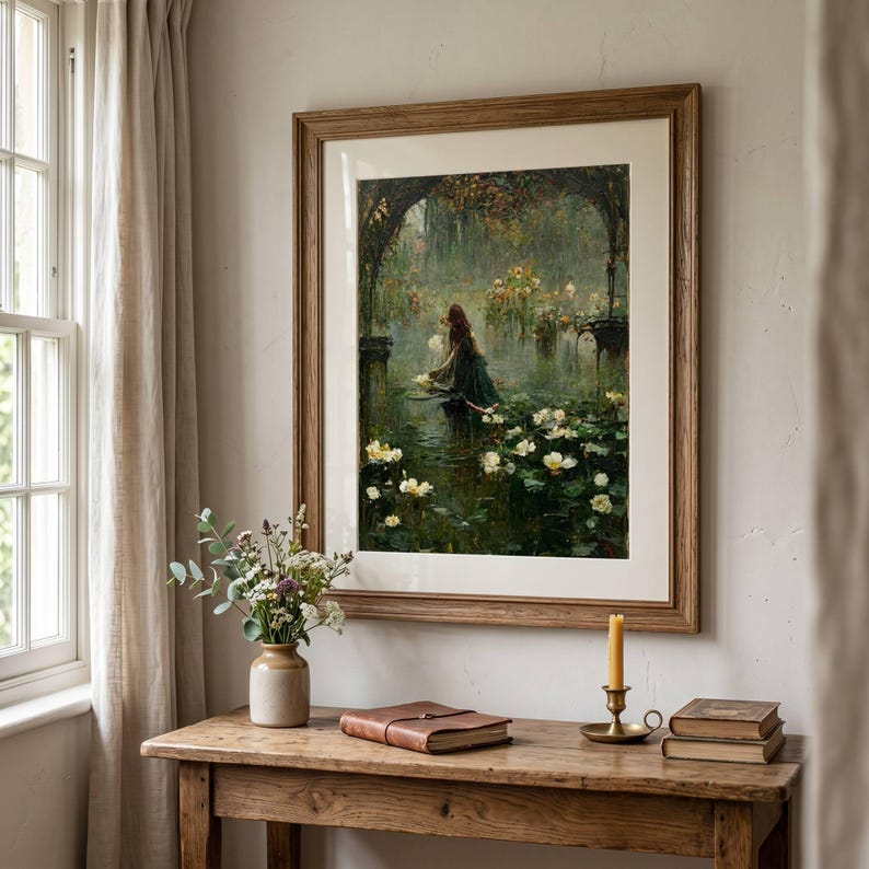 The Lost Lake Witch Painting , oul painting wall art print depicting a figure in a boat on a pond filled with white water lilies, surrounded by dark trees. The artwork is displayed in a wooden frame with a white mat, hanging above a wooden table with a vase of flowers.