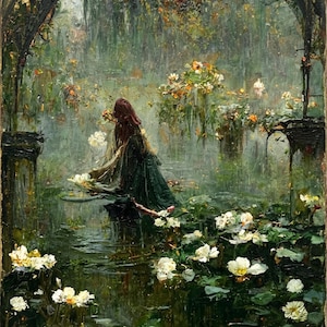 The Lost Lake Witch Painting, oil painting depicting a figure with long dark hair wearing a dark green garment, standing in a pond filled with white water lilies and lush green foliage, framed by a dark arched structure with visible brushstrokes.