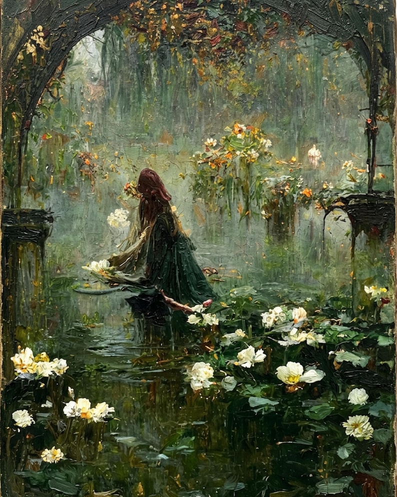 The Lost Lake Witch Painting, oil painting depicting a figure with long dark hair wearing a dark green garment, standing in a pond filled with white water lilies and lush green foliage, framed by a dark arched structure with visible brushstrokes.