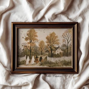 Stampa "Dolcetto o scherzetto" per Halloween, dipinto vintage di arte popolare spettrale, decorazione murale dark cottagecore, arte estetica autunnale dai toni tenui
