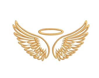 May include: Embroidered design of angel wings and a halo in a gold color. The wings are detailed with multiple layers of feathers, and the halo is a simple, circular shape. The design is set against a white background.
