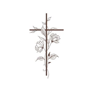 May include: A brown cross design with floral elements. The cross is adorned with delicate flowers and leaves, creating a graceful and symbolic image. The design is suitable for various applications, such as embroidery or graphic design projects.