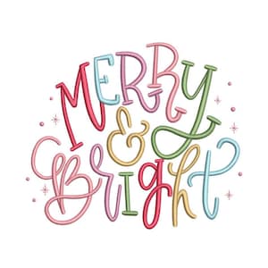 Puede incluir: Un diseño colorido y caprichoso deletrea "MERRY & BRIGHT" en una fuente cursiva juguetona. El texto está representado en una variedad de colores pastel, incluyendo rosa, azul, verde y amarillo, con pequeños acentos de estrellas. El diseño está sobre un fondo blanco limpio.