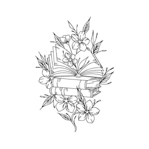 May include: Black and white line art illustration of a stack of books with an open book on top, surrounded by flowers and leaves. The image has a clean, minimalist aesthetic, suitable for book lovers and literary themes.