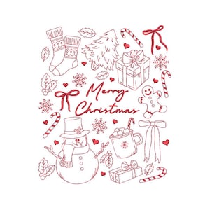 May include: A red and white Christmas-themed illustration featuring a snowman, Christmas tree, gift boxes, candy canes, snowflakes, and the text "Merry Christmas". The design is a line drawing style, perfect for festive projects.