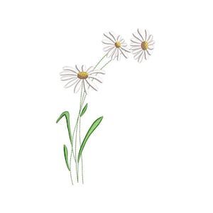 May include: An embroidered design of three white daisies with yellow centers and green stems and leaves. The flowers are in various stages of bloom, with detailed stitching creating a realistic appearance. The design is set against a plain white background.