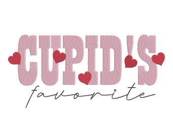 May include: A graphic design with the words "CUPID'S favorite" in pink, textured letters. Red heart shapes are scattered around the text. The word "favorite" is written in a cursive font.
