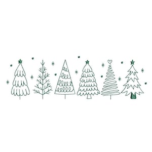 May include: A line of six green Christmas tree designs, each with a unique style, including a star or heart at the top. Snowflakes are scattered around the trees. The trees are embroidered on a white background.