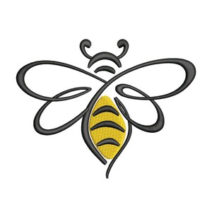 Pode incluir: Um design estilizado de abelha com asas e antenas pretas em espiral, e um corpo listrado amarelo e preto. A abelha está centrada em um fundo branco, criando uma estética limpa e moderna. Adequado para bordados ou aplicações gráficas.