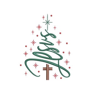 May include: An embroidered design featuring the word "Jesus" in a stylized, swirling green font, forming the shape of a Christmas tree. A brown cross is at the base, with red starbursts and dots scattered around the tree. A star tops the tree.