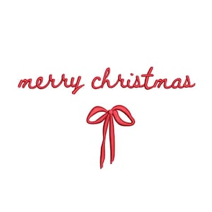 May include: Red embroidered text reads "merry christmas" above a red bow on a white background. The cursive text and bow are the focal point, perfect for holiday-themed crafts and decorations.