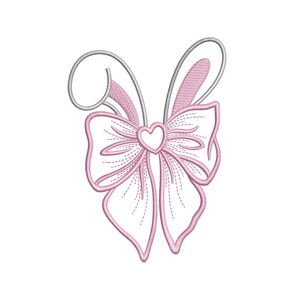 May include: A pink and white embroidered design featuring a bow with a heart in the center and bunny ears. The design is detailed with delicate stitching, perfect for Easter or spring-themed crafts.