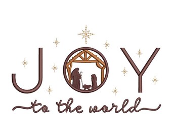JOY to the World Krippe Weihnachtsszene Religiöses Stickmuster mit Kreuz & Sterne für Maschinenstickerei