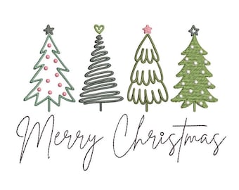 May include: A white background features four embroidered Christmas trees in green and gray, each with a unique design. The text "Merry Christmas" is written in a cursive font below the trees. The trees are topped with stars and a heart.