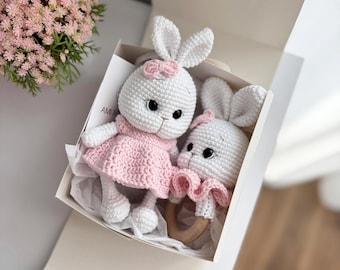 Personalized Baby Gift Box Bunny Toy Set Handmade Crochet Bunny Rattle Gift Pink White Newborn Gift Baby Shower Girl Present
