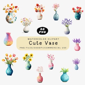 May include: Watercolor clipart featuring various vases filled with flowers. The vases are in different colors and styles, including blue, pink, and white. The flowers include tulips, sunflowers, and lavender. The text on the image says "Watercolor Clipart Cute Vase".