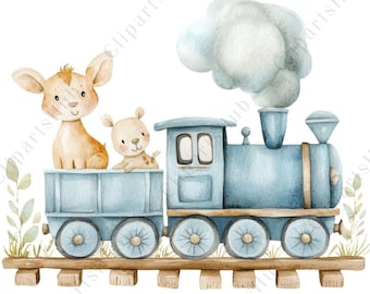 15 Watercolor Baby Animal Train Clipart, Blue Locomotive PNG, Nursery Art, Junk Journal, Paper Craft, Cute Woodland Animal, High Quality PNG