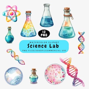 May include: Watercolor clipart set featuring science lab elements. Includes colorful illustrations of beakers, flasks, atom models, DNA strands, and petri dishes. The text "Science Lab" is displayed in a blue rectangle. The image is labeled "12 PNG".