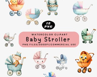 Baby Stroller Clipart, Cute Pram PNG Bundle, Baby Carriage Illustration, Kawaii Stroller Clip Art, Newborn Buggy PNG, Digital Download,