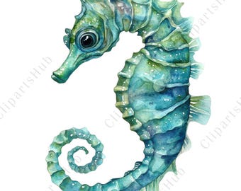 May include: Watercolor illustration of a seahorse in shades of teal, turquoise, and blue. The seahorse is depicted in a side profile, with a curled tail and detailed fins. The artwork has a whimsical, aquatic theme.