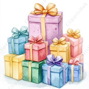 Op de afbeelding: Waterverfillustratie van een stapel kleurrijke cadeau dozen. De dozen zijn in verschillende maten en kleuren, waaronder roze, blauw, geel en groen, elk vastgebonden met een bijpassend lint en strik. De afbeelding heeft een zacht, artistiek gevoel.