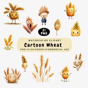 Pode incluir: Clipart em aquarela com personagens de trigo de desenho animado em várias poses. A imagem inclui espigas de trigo e desenhos de trigo antropomórficos com rostos sorridentes. O texto na imagem diz "Cartoon Wheat" e "PNG files/300dpi/commercial use."