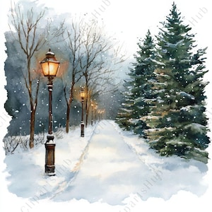 Peut inclure: Peinture à l'aquarelle d'un chemin enneigé bordé de lampadaires et d'arbres dénudés. Des conifères se dressent à droite. Les lampadaires allumés diffusent une lueur chaleureuse dans la scène hivernale. Des flocons de neige tombent doucement.