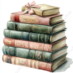 May include: A stack of vintage-style books in various colors, including pink, green, and beige. The books have decorative spines and floral patterns. A small book with a pink bow sits atop the stack. The books are arranged in a watercolor style.