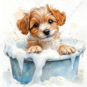 Könnte beinhalten: Aquarellillustration eines flauschigen Welpen mit braun-weißem Fell in einer blauen Wanne voller Seifenschaum. Der Welpe hat große, dunkle Augen und blickt direkt in die Kamera. Das Bild hat eine weiche, sanfte Ausstrahlung.