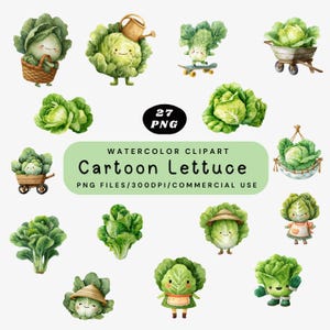 Cartoon Lettuce Clipart, Cute Vegetable PNG Bundle, Kawaii Lettuce Illustration, Green Salad Digital Download, Smiling Lettuce Clip Art