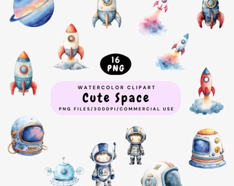 May include: Watercolor clipart set featuring rockets, planets, astronauts, and space helmets. The text "Cute Space" is displayed on a light purple banner. The image includes 16 PNG files for commercial use.