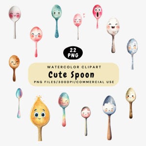 May include: Watercolor clipart featuring 22 PNG images of cute spoons with smiling faces. The spoons are in various colors, including pink, blue, and brown. Text on the image reads "Watercolor Clipart Cute Spoon PNG Files/300DPI/Commercial Use."