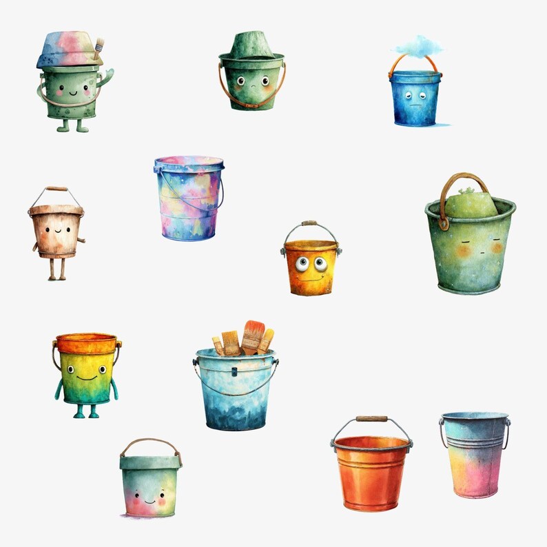 Cartoon Bucket Clipart Bundle: Kawaii Water Pail PNG (digital Download ...