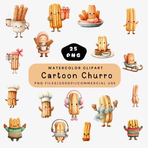 Cartoon Churro Clipart, Süßes Dessert PNG Bundle, Süßes Gebäck, Kawaii Churro Clip Art, Lächelnder Churro PNG, digitaler Download
