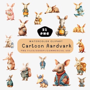 Cartoon Erdferkel Clipart, süße Erdferkel PNG Bundle, Kawaii Safari Tier Clip Art, lächelnd Erdferkel, Zoo Tier digitaler Download
